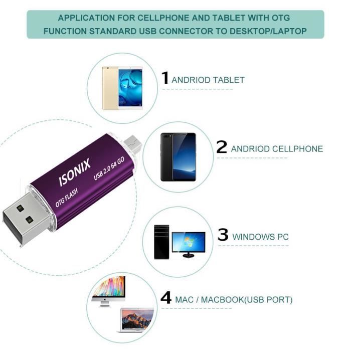 Clé USB 64 Go 2 En 1 OTG USB 3.0 | Double Port USB-A Et Micro-USB | Pour Smartphone Android, Tablette, Ordinateur | Violet