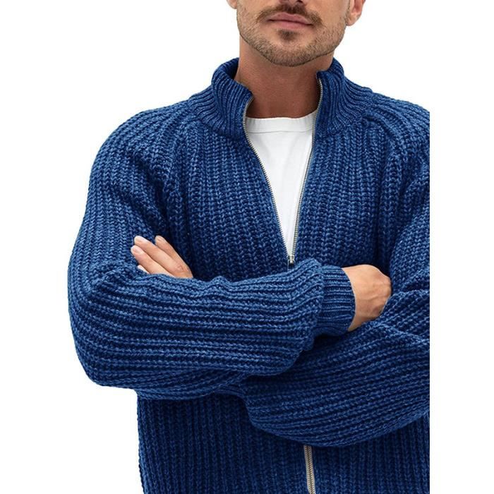 Cardigan Homme Hiver Tricoté Zippé Col Montant - Pull Chaud Décontracté