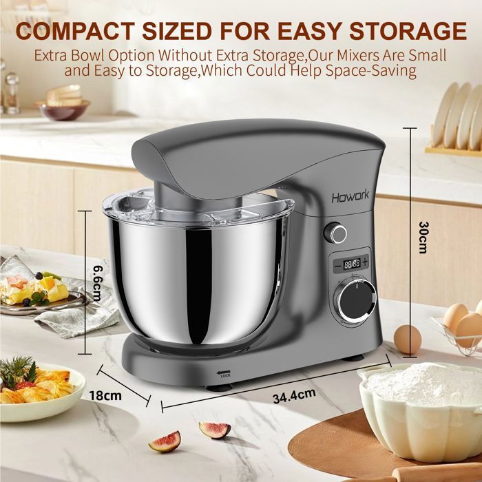 Robot Pâtissier SENYA 1500W - Bol Inox 5L - 10 Vitesses + Fonction Pulse - Accessoires : Crochet, Fouet, Batteur - Couvercle Anti-éclaboussures Avec Séparateur D'œuf - Silencieux - 3