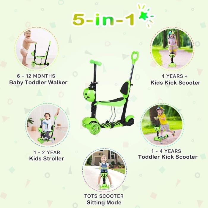 5 en 1 Trottinette pour enfants avec siège amovible, 3 roues lumineuses en PU, guidon réglable en hauteur, facile à diriger, dossier confortable, trottinette pliable pour enfants filles garçons