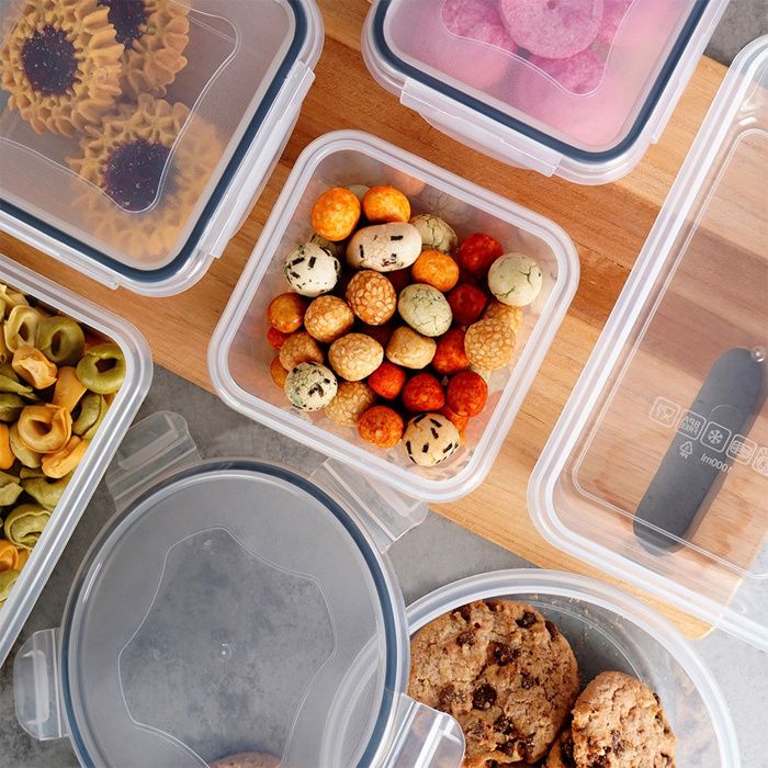 VINATO Lot De 9 Boîtes Conservation Alimentaire Hermétiques + 5 Cuillères – Empilables, Sans BPA, Micro-ondes, Lave-Vaisselle, Congélateur