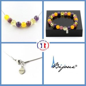 Parure Minimaliste Collier + Bracelet En Pierres Fines D'Améthyste Naturelle - Monture Acier - Marque D E - Neuf
