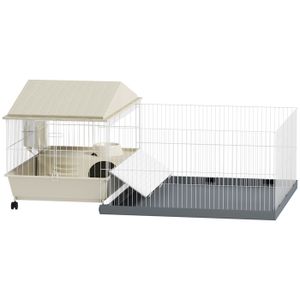 ENCLOS - CHENIL Cage pour petits animaux - PawHut - avec parc amovible tapis imperméable, mangeoire à foin - pour cochon d'inde, hérisson - beige