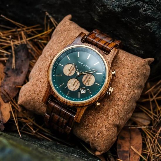 HOLZKERN Canopy Vert Montre hommes Zebrawood Vert Feuille