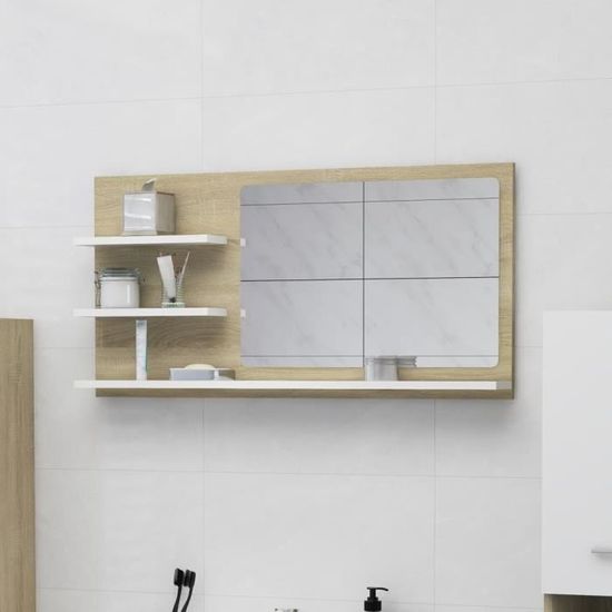 Miroir Décoratif - Blanc et chêne sonoma - 90 cm - 3 étagères - Meuble de salle de bain