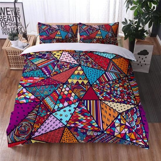 Parure De Lit Bohème King - Housse Couette Microfibre 3 Pièces - Style Rétro Boho