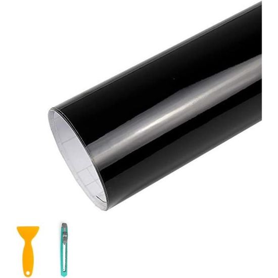 Film Autocollant Vinyle Pour Voiture - Noir Brillant - Dimensions 5 Cm X 9 M - Kit Complet Avec Racloir Et Cutter