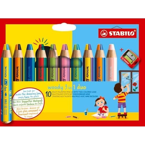 STABILO Crayon Multi-talents Woody 3 En 1, Rond, Bleu Moyen - Crayon De