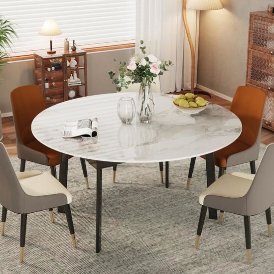 EVA - Ensemble Table à Manger Extensible 4 à 6 Personnes Décor Marbre + 4  Chaises en Velours Marron - Style Moderne