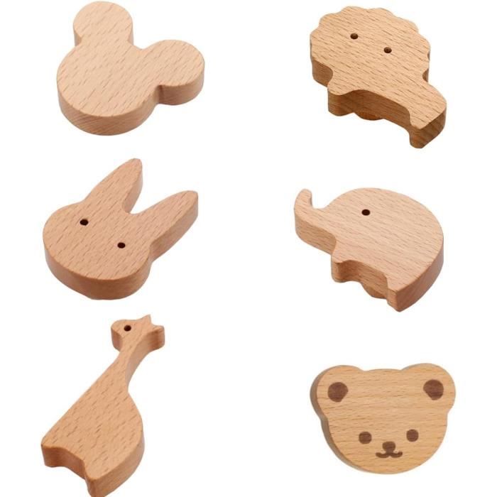 Lot de 6 boutons d'armoire en bois en forme d'animal,poignées d'armoire pour enfants,décoration