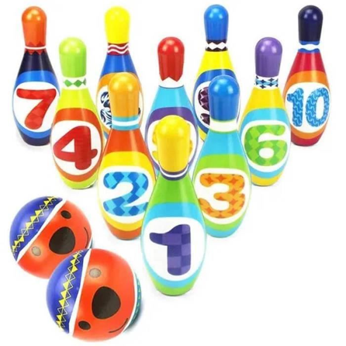 Jeux de Quilles avec 2 balles en Mousse 10 Broches de Bowling Plein Air Jouet Cadeaux pour Enfants Garcon Fille 3 4 5 Ans.