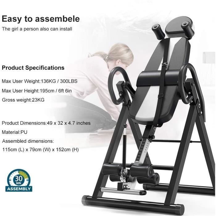 DOMICILE TABLE d'Inversion Exercice Réglable H185cm Pliable Musculation Appareil du Dos Bras NOIR&BLANC