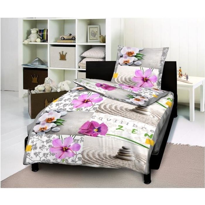 Pack complet Zen équilibre housse de couette pour lit 90 x 190 cm 100% coton / 57 fils/cm²