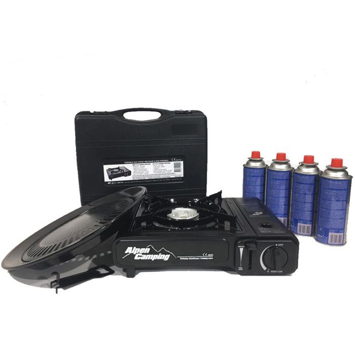 Barbecue Grill 2en1 Réchaud gaz piezo 2200W ALPENTECH + Grille + 4 cartouches gaz 227g gaz butane Camping
