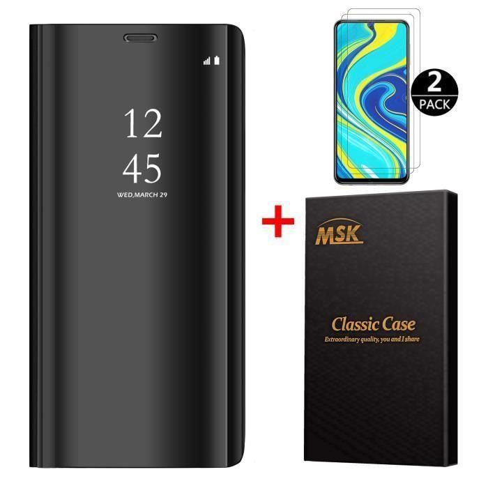 Coque Xiaomi Redmi Note 9S + [2 Pack] Verre trempé, Miroir Case Avec Stand Flip Protection Pour Xiaomi Redmi Note 9S - Noir