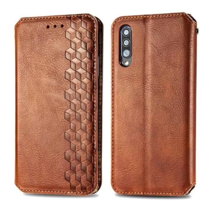 Étui Samsung Galaxy A70S, Porte-cartes Cuir Silicone Élégant Support Fermeture Magnétique Housse Protection, Marron