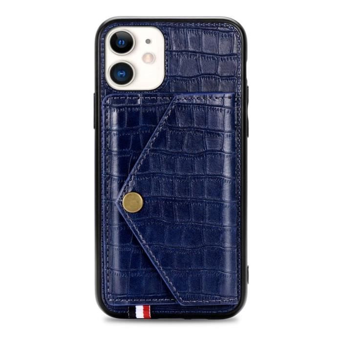 Étui iPhone 11, Cuir Porte-Cartes Motif à Crocodile Silicone Ultra-fin Support Housse Protection, Bleu marin