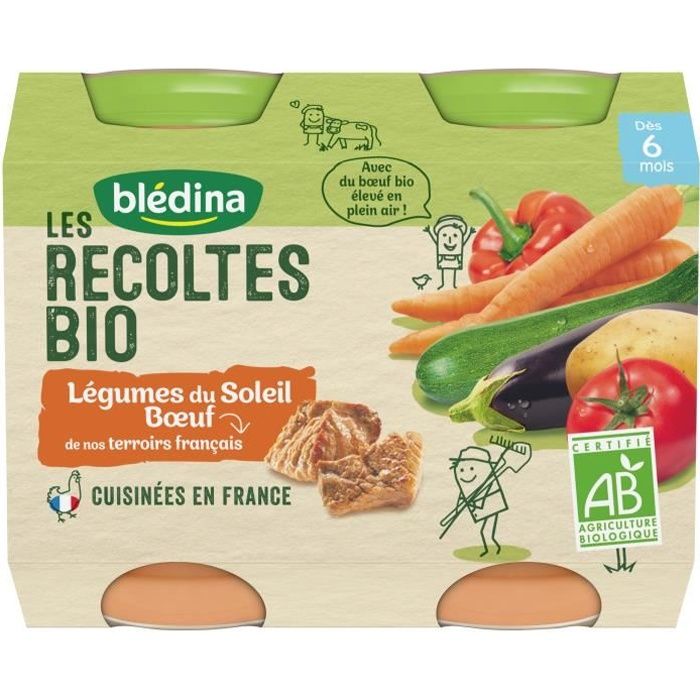 BLEDINA Petits pots légumes du soleil bœuf Les récoltes Bio - Dès 6 mois - 2 x 200 g