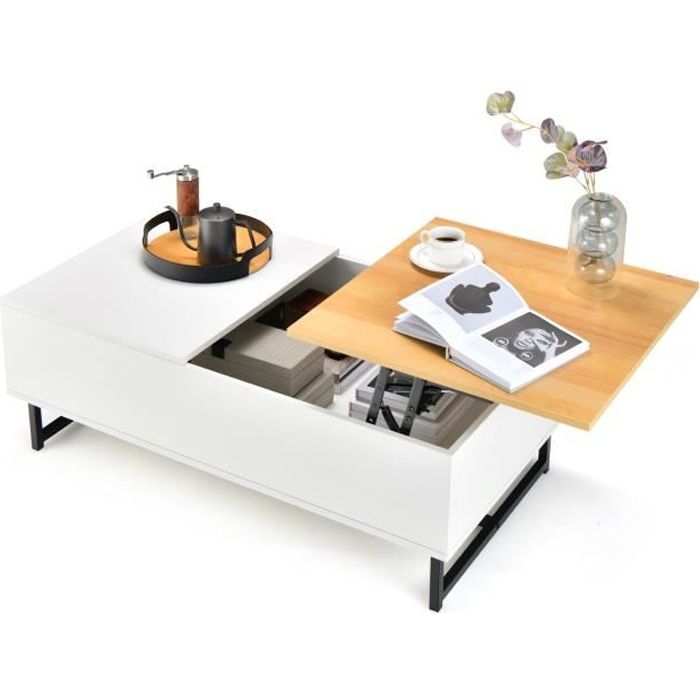 COSTWAY Table Basse Moderne avec Plateau Relevable 110 x 60 x 38CM Table de Salon avec Compartiment Latéral et Cadre en Métal Blanc