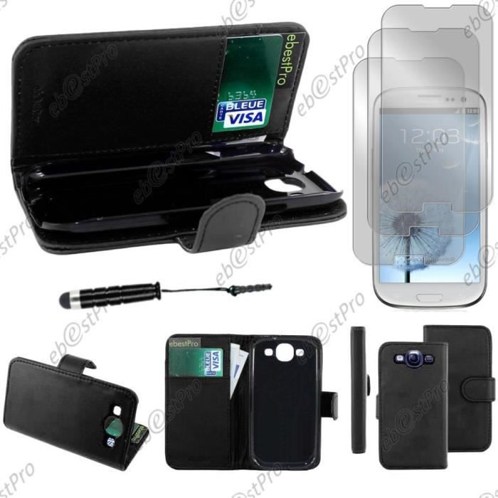 Etui portefeuille Samsung Galaxy S3 i9300 i9305, Noir +Mini Stylet 3 Film