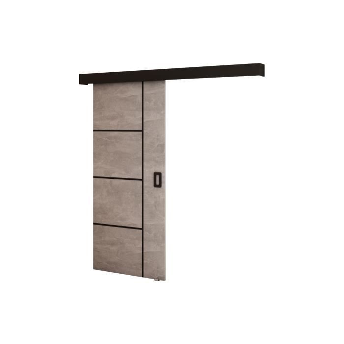 Ensemble Porte coulissante interieur avec rail MAY V - Concrète + Lunette noire mate + Poignée noire mate - 90x204cm