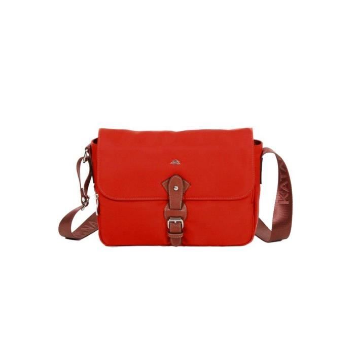 Besace Katana Nylon garni croûte de cuir de vachette K 29301 - Rouge - Cuir - Femme
