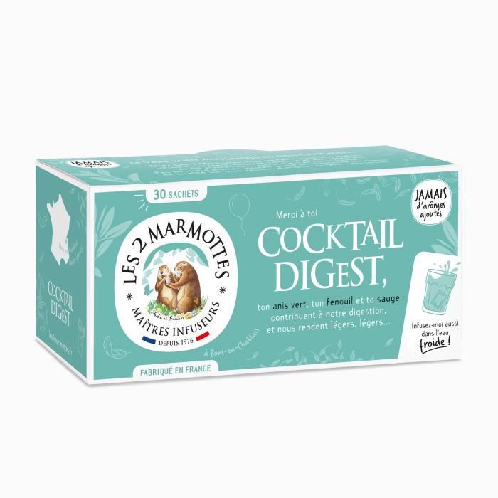 Les 2 Marmottes - Infusion Cocktail Digest 30 sachets - Anis vert, Fenouil et Sauge - Pour Digestion - Sans Arômes ajoutés