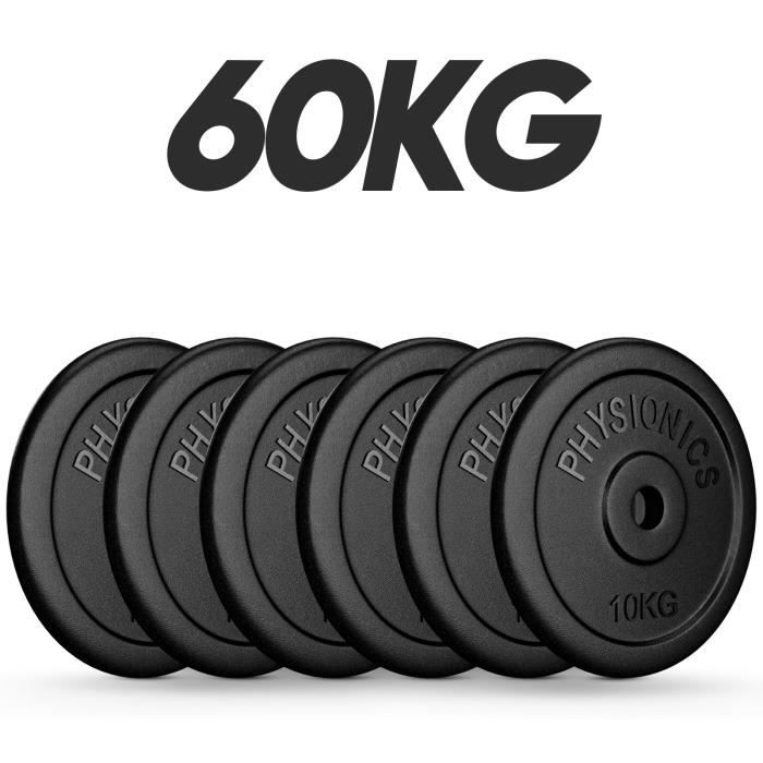 Physionics® Set de Disques de Poids - 6x10 kg, en Fonte, Ø30mm, pour Barre Longue/Courte - Ensemble de Plaques de Poids, Musculation