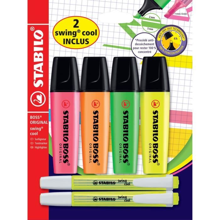 Blister x 4 surligneurs STABILO BOSS ORIGINAL + 2 swing cool -2 SWING COOL INCLUS-