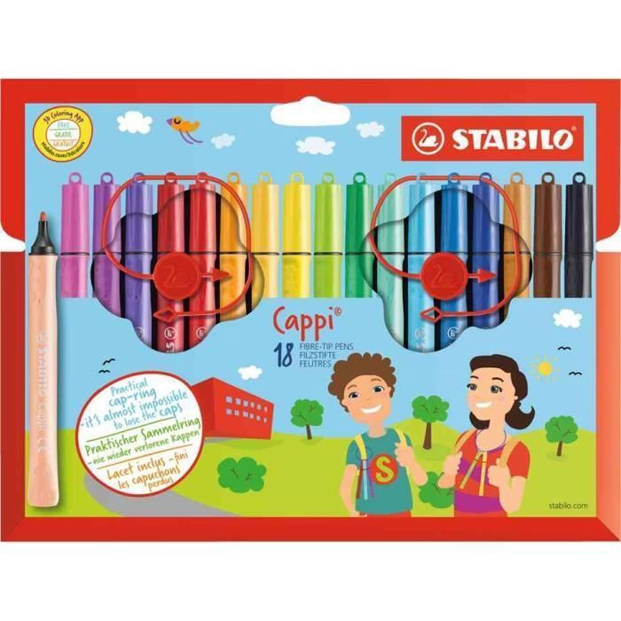 Etui de 18 Feutres Cappi avec Lacet,Ergonomique Pte 1 mm Assortis