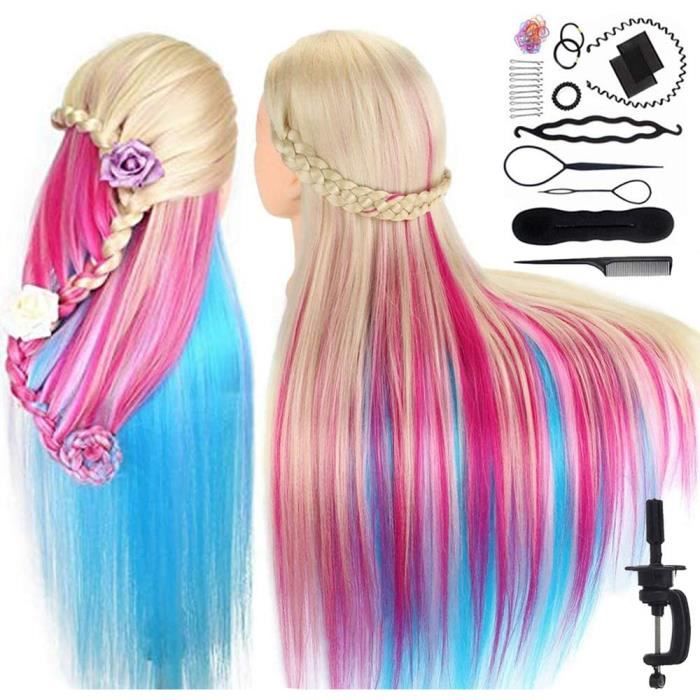 29.5'' Têtes d'exercice Cheveux colorés Tête à Coiffer Coiffure Cosmétologie Pratique Mannequin Poupée pour le Salon Coiffeur Poupée
