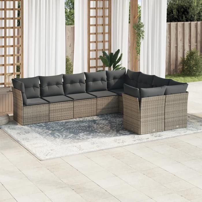 vidaXL Salon de jardin 9 pcs avec coussins gris résine tressée 3218170