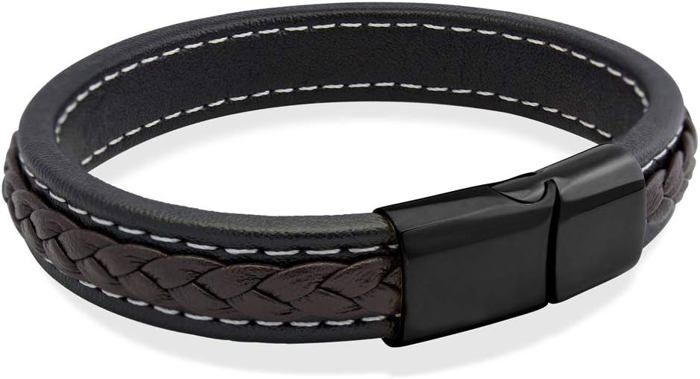 Bracelet Tressé Cuir Et Acier Inoxydable Noir - Fermoir Magnétique, Unisexe, 19-20 Cm, Neuf Avec étiquettes