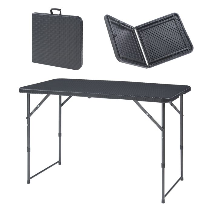 Table de camping pliante Adelfia à hauteur réglable 120 x 60 cm noir effet rotin