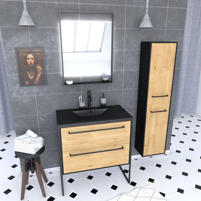 Meuble Salle de Bains 80 cm Vasque Noire Miroir Led et Colonne - Chêne et Noir - STRUCTURA