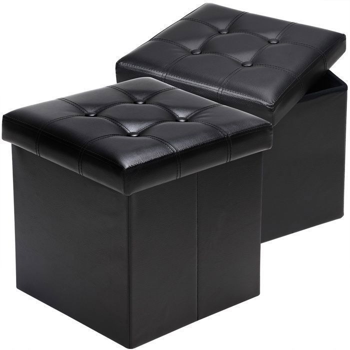 CASARIA® 2x Tabouret cube noir avec espace de rangement Pouf 38 x 38 x 38 cm Coffre de rangement similicuir Repose-pied