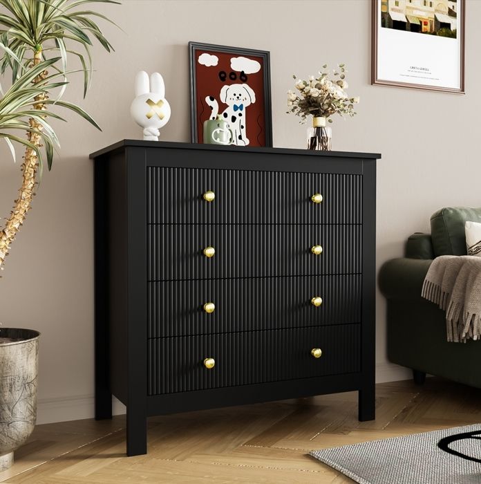 Buffet - Moderne - 5 Tiroirs - Noir - Poignées dorées - 79x39.5x80.5 cm