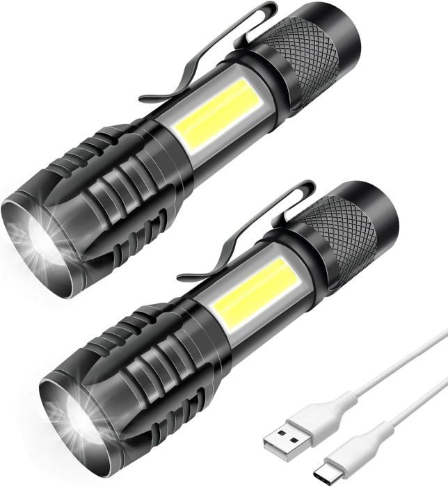 Lot de 2 lampes de poche LED - Rechargeables - 3 modes - Étanches - Portable