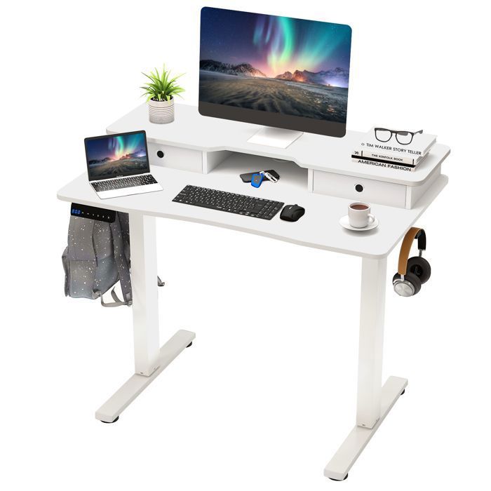 Bureau Assis-Debout Electrique 100x60cm -COSTWAY - 2 Tiroirs-Support dEcran - Réglable en 3 Hauteurs Crochets de Suspension Blanc
