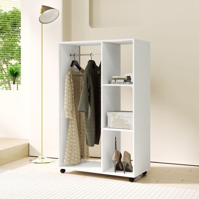 Penderie Mobile  Armoire roulante blanche 80x40x128cm - Penderie mobile avec tringle 3 étagères - Idéale couloir/chambre