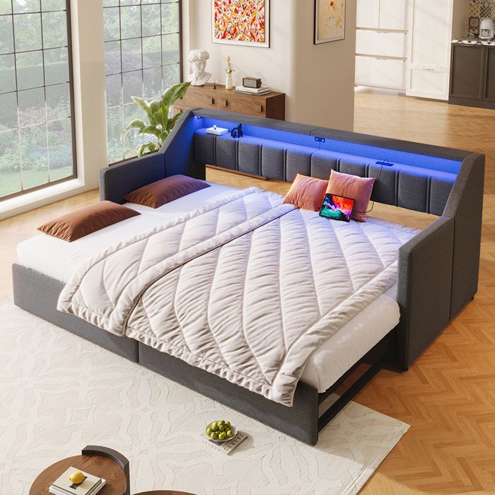 Lit Banquette Canapé-lit 90x200 cm avec USB/Type-C bande LED télécommandée 2 tiroirs rangement multifonction Gris Lit Banquette Canapé-lit 90x200 cm avec USB/Type-C bande LED télécommandée 2 tiroirs rangement multifonction Gris