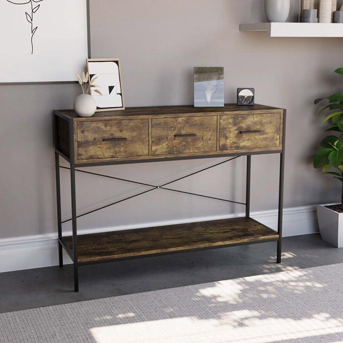 Table console Brooklyn avec 3 tiroir et étagère – Meuble de couloir d’appoint ou coiffeuse bois foncé