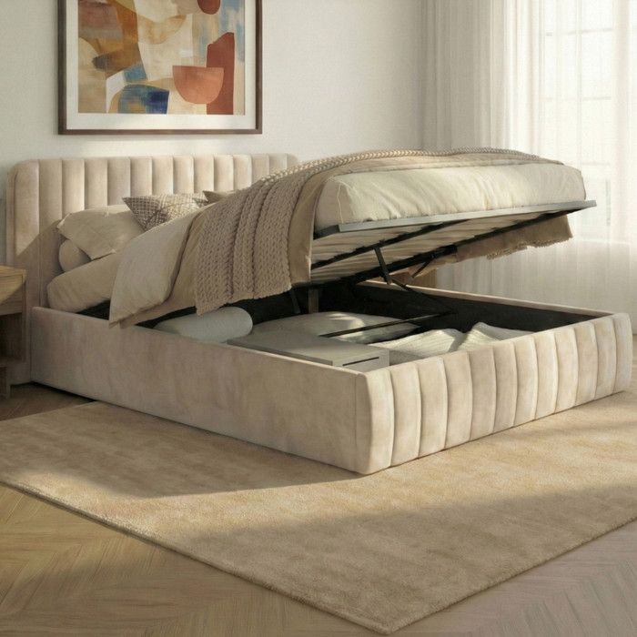 IDMARKET Lit coffre double ALBA avec tête de lit et sommier 160 x 200 cm velours beige