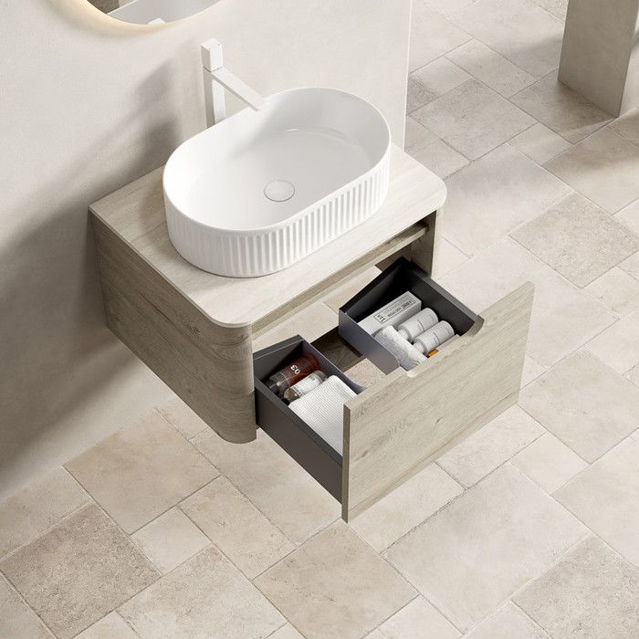 Meuble de Salle de Bain - 60 cm - Vasque Ovale en Céramique - Armoire Chêne Crème - Tiroir Soft-Close
