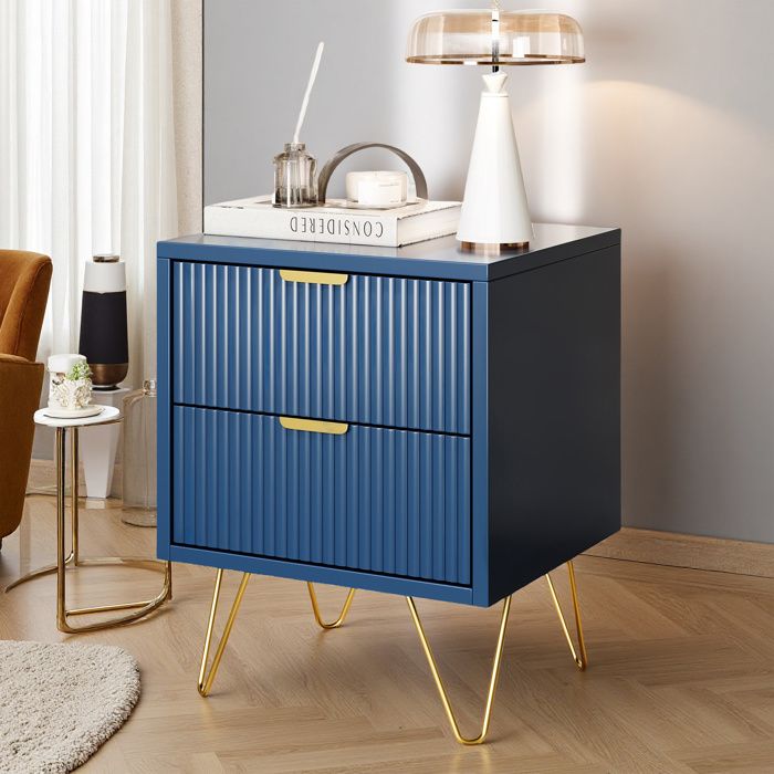 Commode 2 tiroirs bleu foncé L40 x P35 x H50 cm — poignées et pieds dorés style scandinave