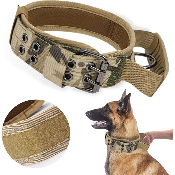 Meilleurs prix pour Collier tactique pour chien collier militaire réglable en nylon avec poignée boucle en métal collier réfléchissant rembourré (L)