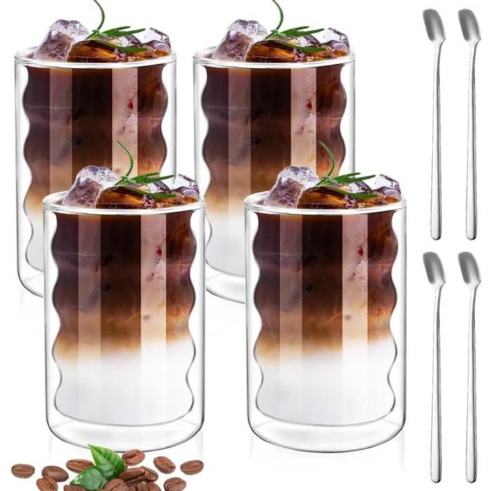 Lot de4 verres latte macchiato 350ml double paroi +4 cuillères cappuccino café thermiques YYV