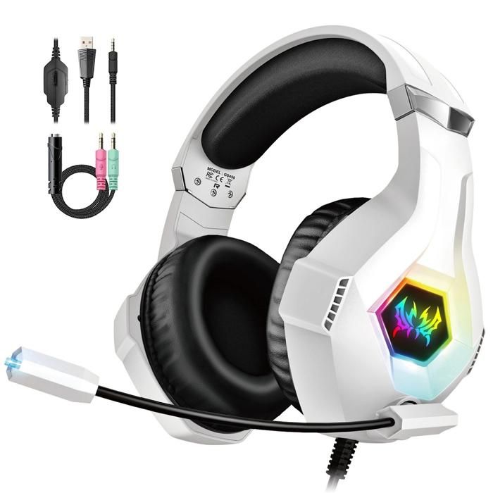 Casque Gaming pour Ps5 PC Ps4 avec Micro Anti Bruit et RGB LED Lampe - Stéréo Basse - pour Switch Xbox Series X & S-Blanc