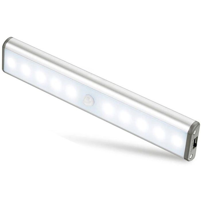 Lampe LED sans fil argent : 10 LEDs USB recharge aimanté detecteur portable