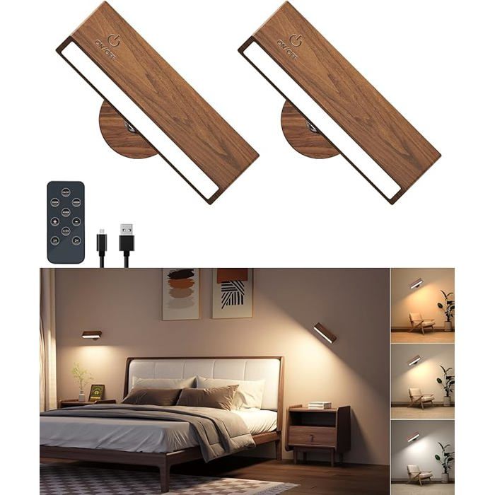 Lot de 2 appliques murales bois avec télécommande - Éclairage sans fil LAMPE A POSER